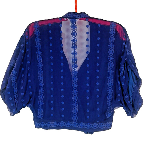 Anthropologie ZOA Womens XS Sheer Silk Purple Wrap Crop Dolman Blouse Boho Top - Picture 7 of 12